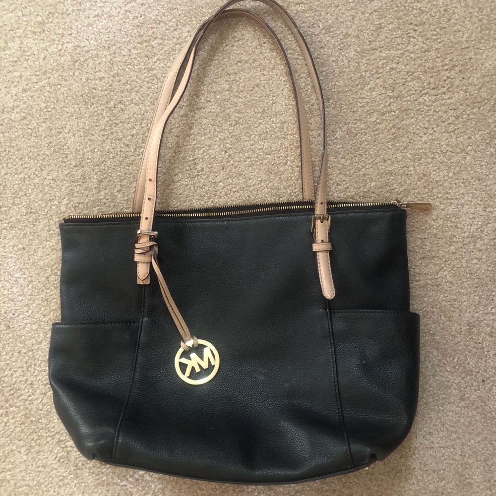 Michael Kors Black Leather Pocketbook Bag with Tan Shoulder Straps